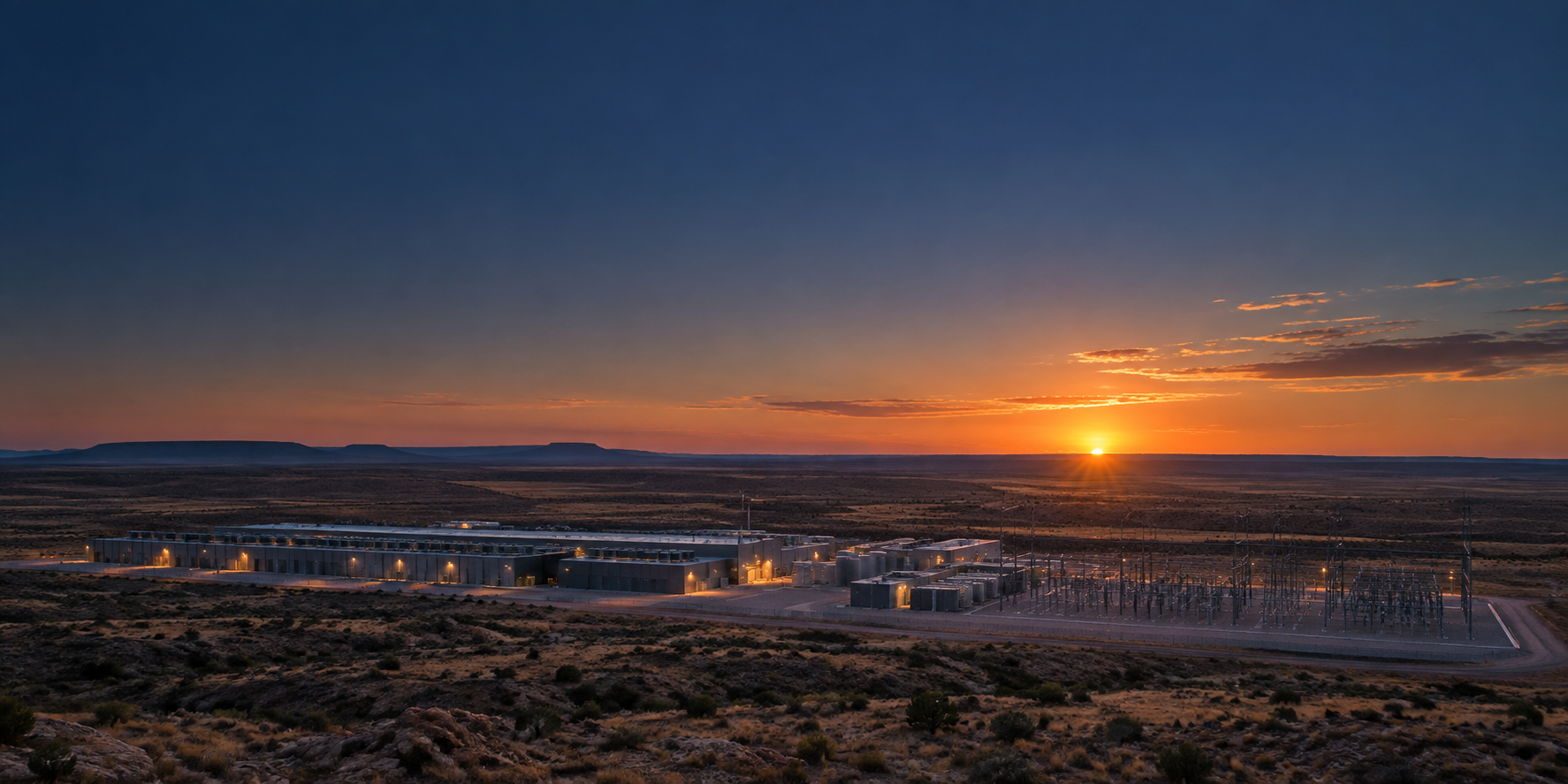 Illustrative Texas landscape with data center and power infrastructure at sunset